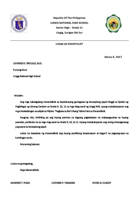 halimbawa ng liham pahintulot sa barangay|(DOC) Liham ng Pahintulot .